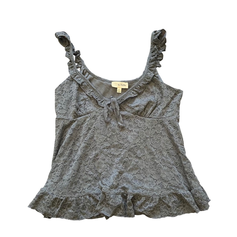 La Peche Womens XL Blue Lace Ruffle Tie Front Camisole Sleeveless Peplum Top